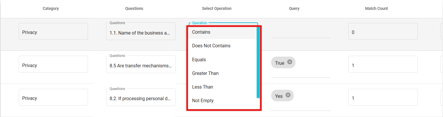 image displaying all operations in a drop-down