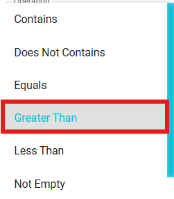 image highlighting Greater Than from drop-down