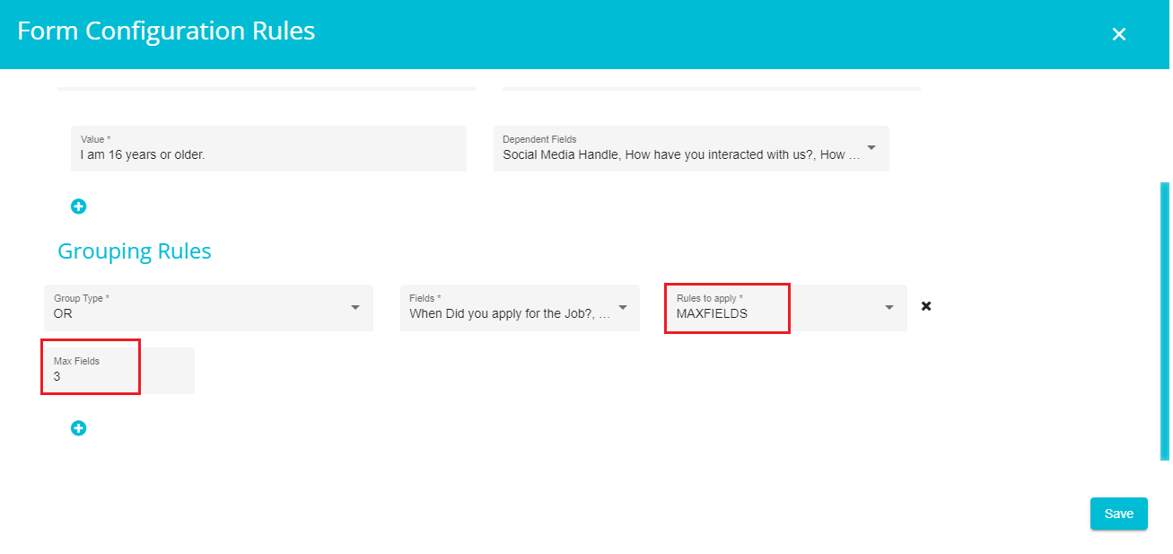 image showing MAXFIELDS option selected under Rules to apply